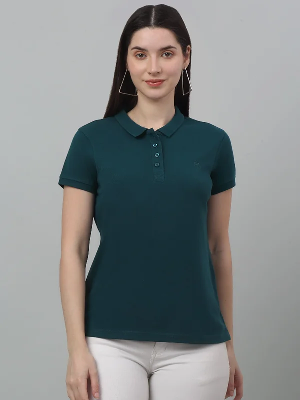 Affordable fashion that looks high-end   Women's Casual Regular Short Sleeve Teal Polo neck  T-Shirt