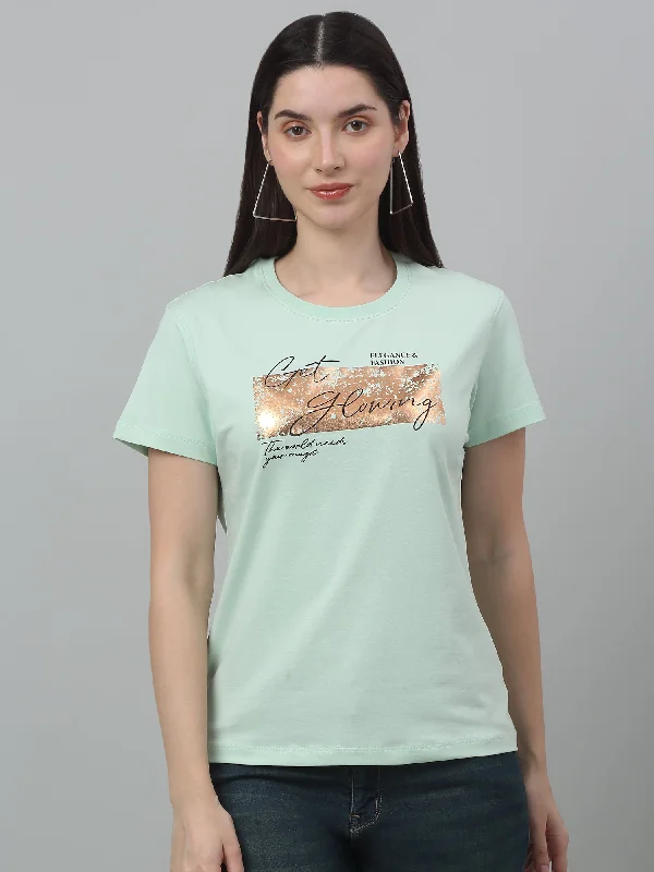 Versatile outfits to transition from day to night   Women's Casual Regular Short Sleeve Green Round neck Typographic Print T-Shirt