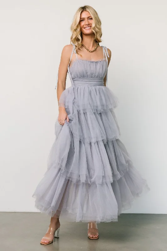 Effortlessly stylish outfits for the modern woman   Alora Tulle Tiered Maxi Dress | Dusty Slate