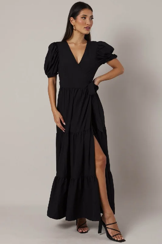 Bold and sophisticated looks for every woman   Black Puff Sleeve Maxi Dress Wrap Tiered Dress