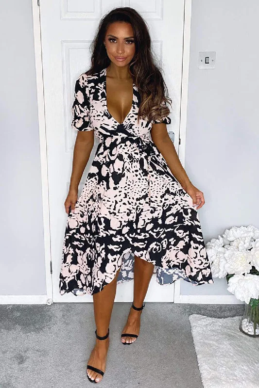 Effortlessly chic fashion for today’s woman   Black Nude Abstract Print Wrap Midi Dress