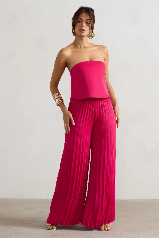 Tammi | Dark Pink Satin Strapless Plisse Wide-Leg Jumpsuit