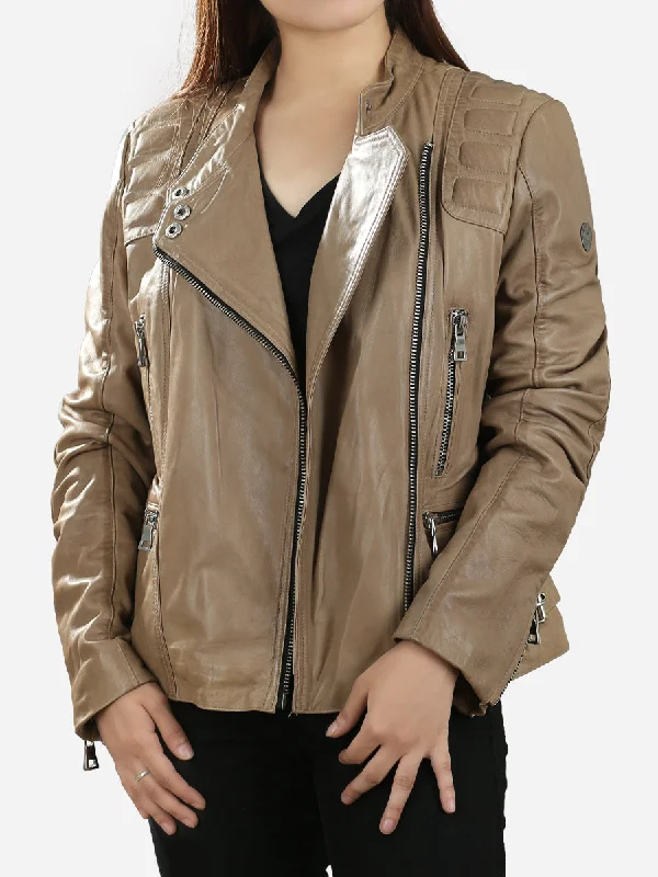 Iconic women’s outfits that never go out of style   Gemma Padded Classic Beige Leather Biker Jacket