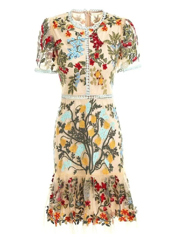 Affordable stylish women’s fashion collection   Kate Short Sleeve Floral Mesh Lace Dress - Cream Floral
