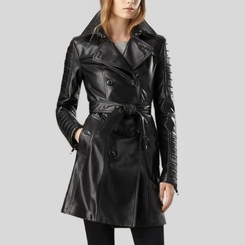 Dress up or down with these versatile pieces   Women Designer Ladies Vintage Outerwear Black Trench Leather Long Coat