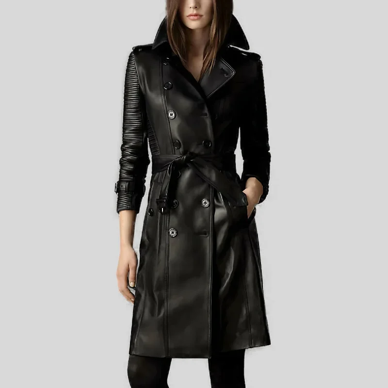 Feminine and fashionable clothing for every wardrobe   Women's Double-Breasted Black Quilted Real Leather Belted Trench Coat