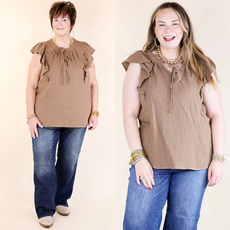 Uncover unique pieces for your perfect wardrobe   Dual Season Delight Ruffle Cap Sleeve Top with Keyhole and Tie Neckline in Mocha Brown