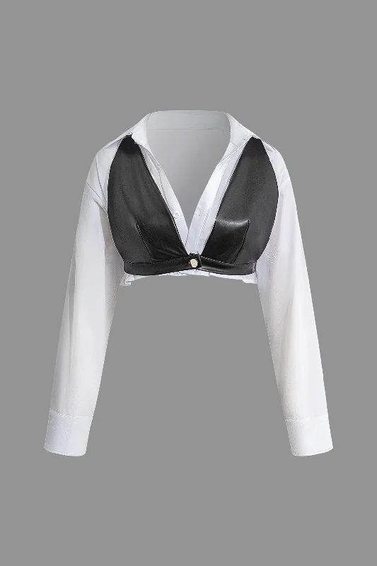 The ultimate destination for women’s clothing   Solid Pu Patchwork Color Block Long-Sleeve Shirt