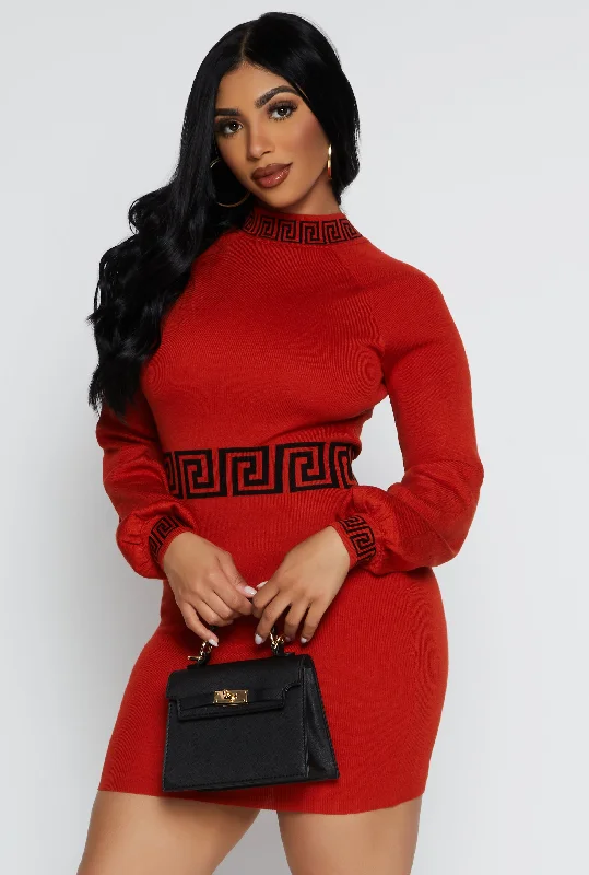 Greek Key Trim Mini Sweater Dress