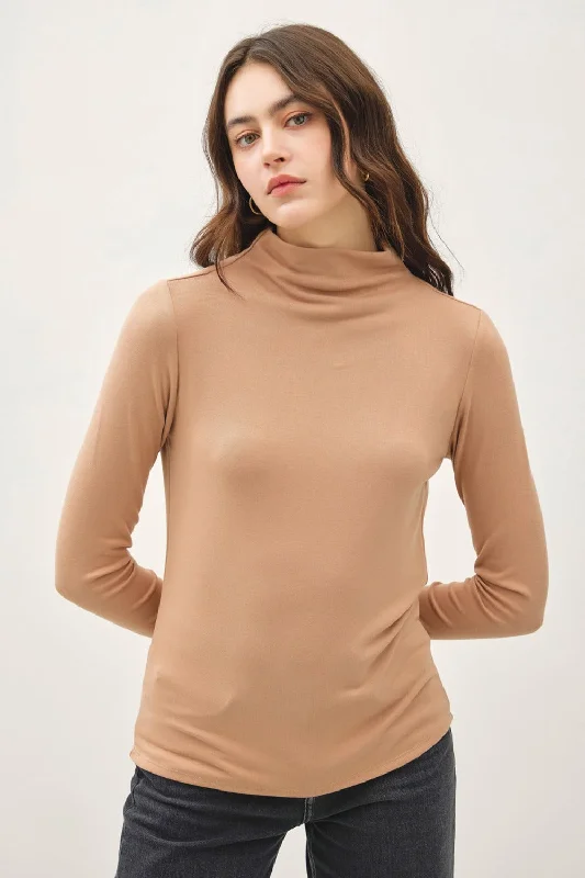 Hot Girl Be Cool Mock Neck Long Sleeve Top In Camel