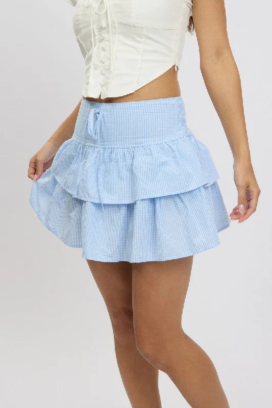Affordable fashion that looks high-end   Blue Check Ruffle Mini Skirt High Rise Shirred Back Tiered