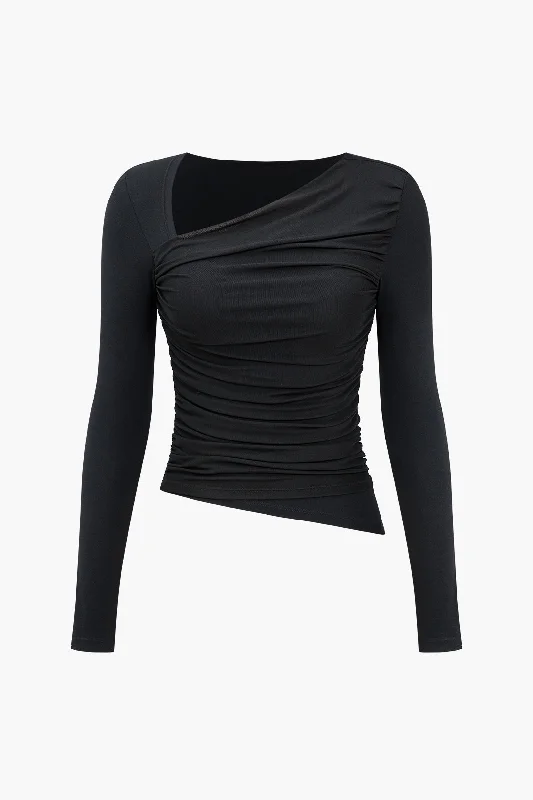 Solid Ruched Mesh Long-Sleeve Top