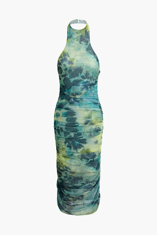 Women’s clothing to inspire confidence and beauty   Tie Dye Mesh Ruched Halter Midi Dress