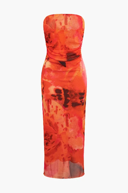 Feminine fashion to express your unique style   Tie Dye Strapless Mesh Midi Dress