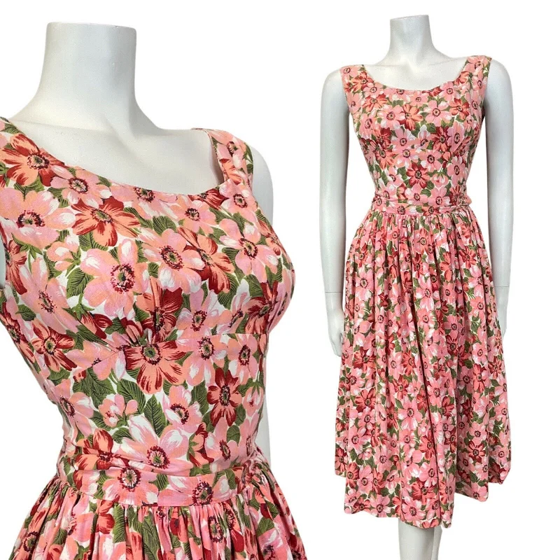 Feminine and fashionable clothing for every wardrobe   VINTAGE 50s 60s PINK GREEN RED FLORAL LEAFY PRINCESS SWING SLEEVELESS DRESS 4 6
